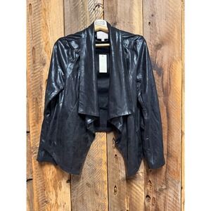 NWT Faux Leather Jacket Women L Black Waterfall Minimalist Moto Chic Parisan